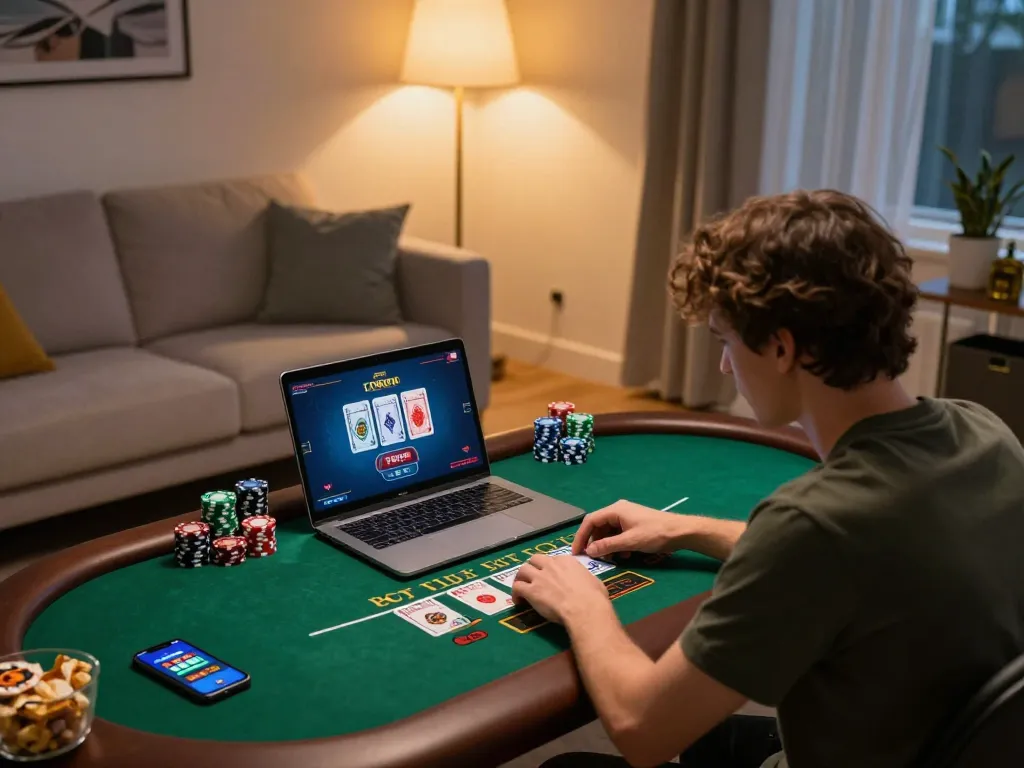 Player enjoying live dealer blackjack on sc88 in a cozy living room, laptop screen showing cards and chips.