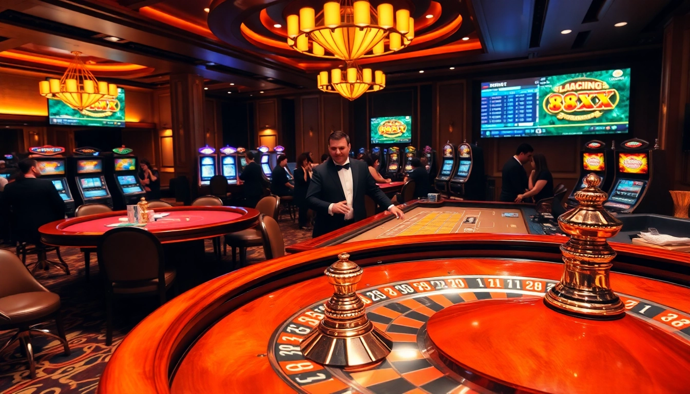Gamblers enjoying games at the luxurious casino tables of 88XX, showcasing excitement and professionalism.