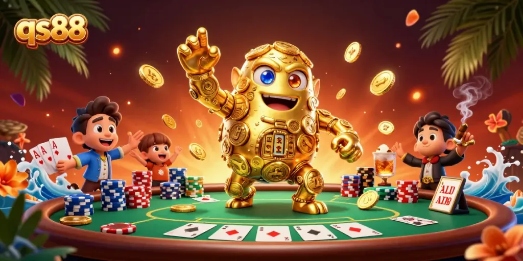 Experience thrilling gameplay at qs88 with a vibrant poker showdown featuring a golden golem and vibrant chips.