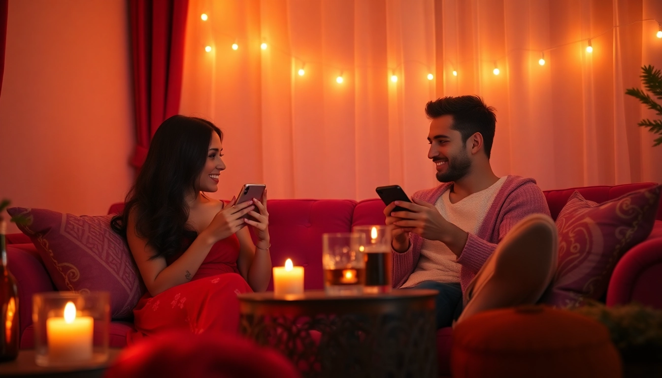 Engaging scene of spicy chat between a couple sharing intimate conversations on smartphones in a cozy, warmly lit room.