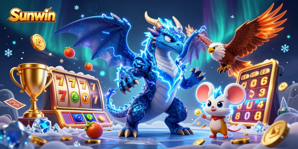 Sunwin casino features exciting slots, vibrant elements, and captivating characters in an electrifying scene.