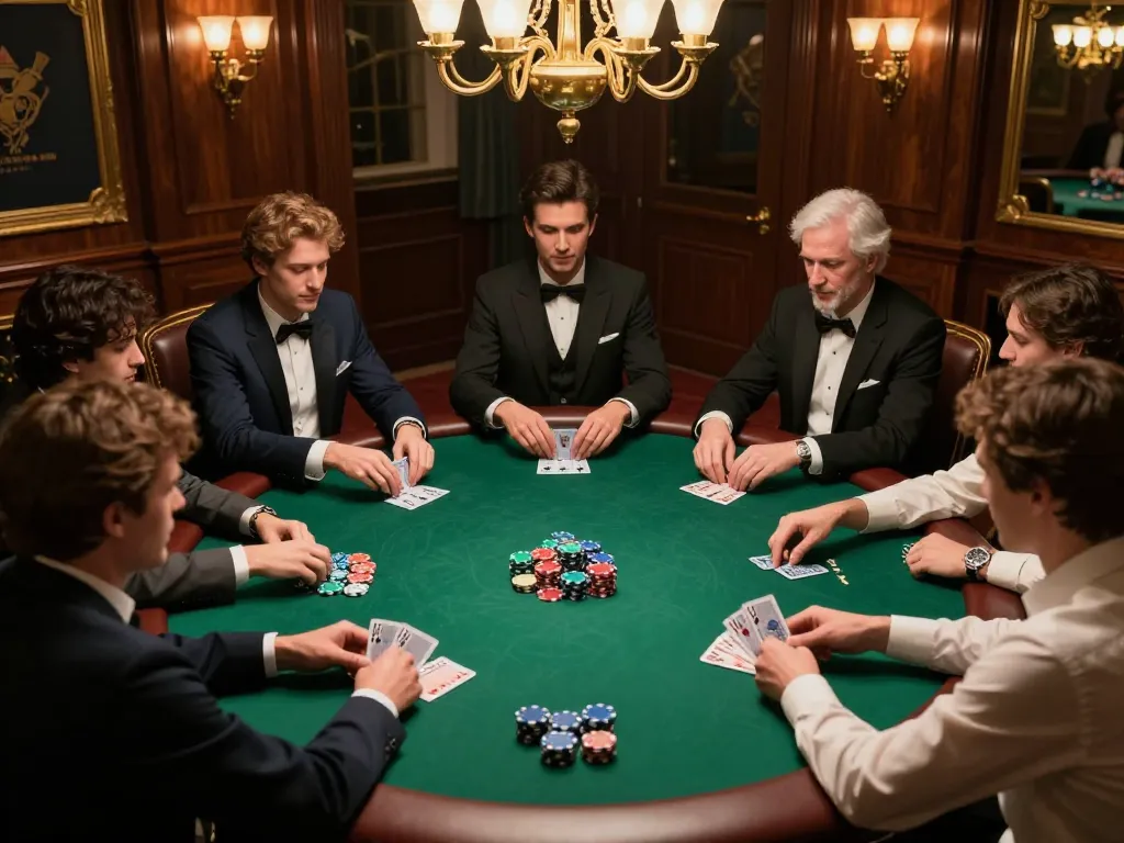 Players analyze hands during an elegant poker game at 79sodoe's luxurious gaming room, immersed in strategy.