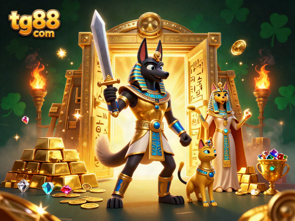 Experience exhilarating gameplay at tg88 com with Anubis and glowing treasures in a dynamic casino scene.