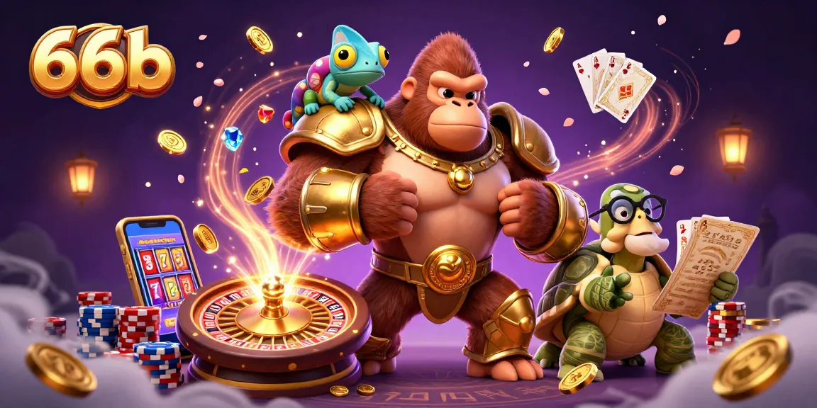 Experience thrilling action at 66b with a powerful casino scene featuring a gorilla king and vibrant game elements.