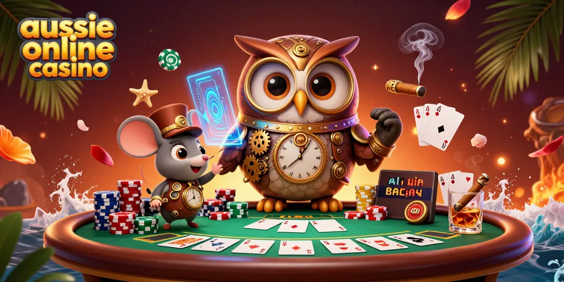 A dynamic scene showcasing the aussie online casino experience with a time-traveler owl and poker elements.