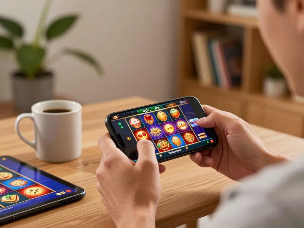 Enjoying mobile slots at home with 789win1 on smartphone, showcasing vibrant graphics and relaxed atmosphere