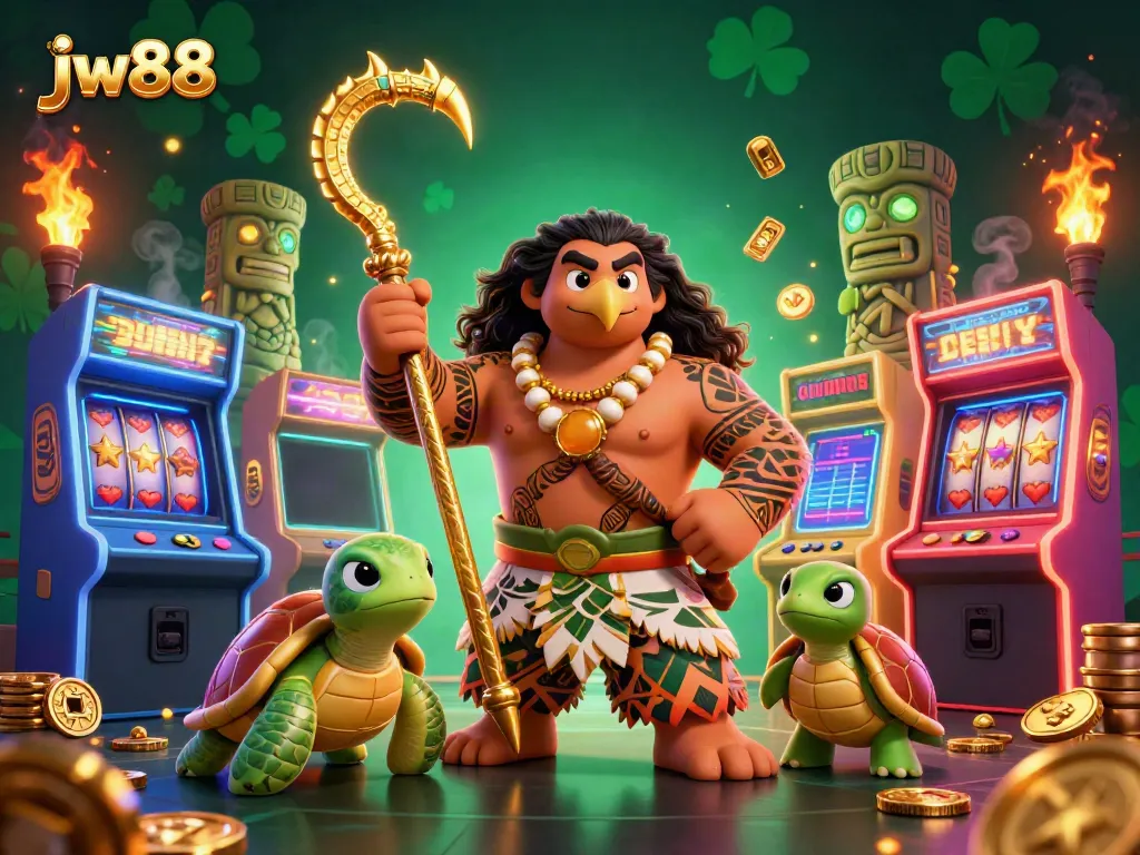 Experience the excitement of jw88 with a vibrant, colorful scene featuring characters, slot machines, and enchanting casino elements.