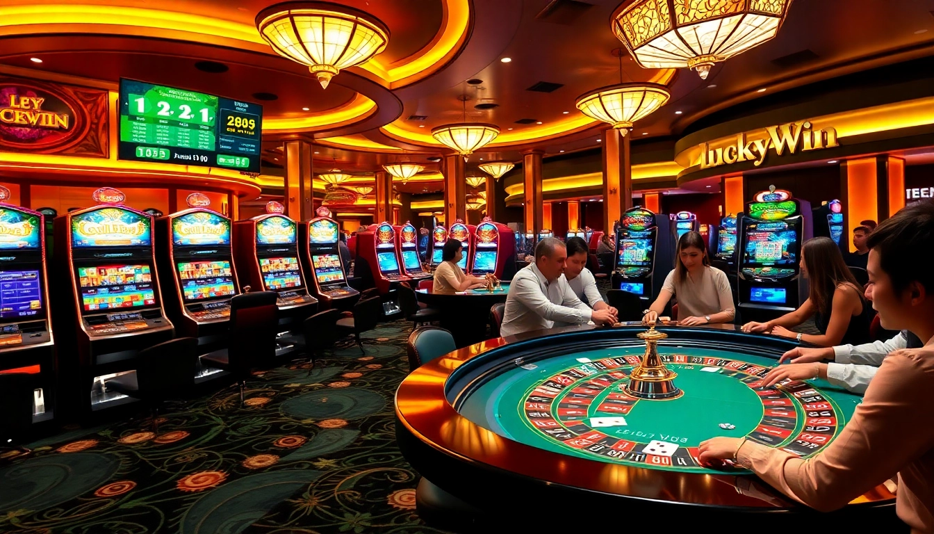 Exciting casino atmosphere at LuckyWin with vibrant slot machines and engaging players.