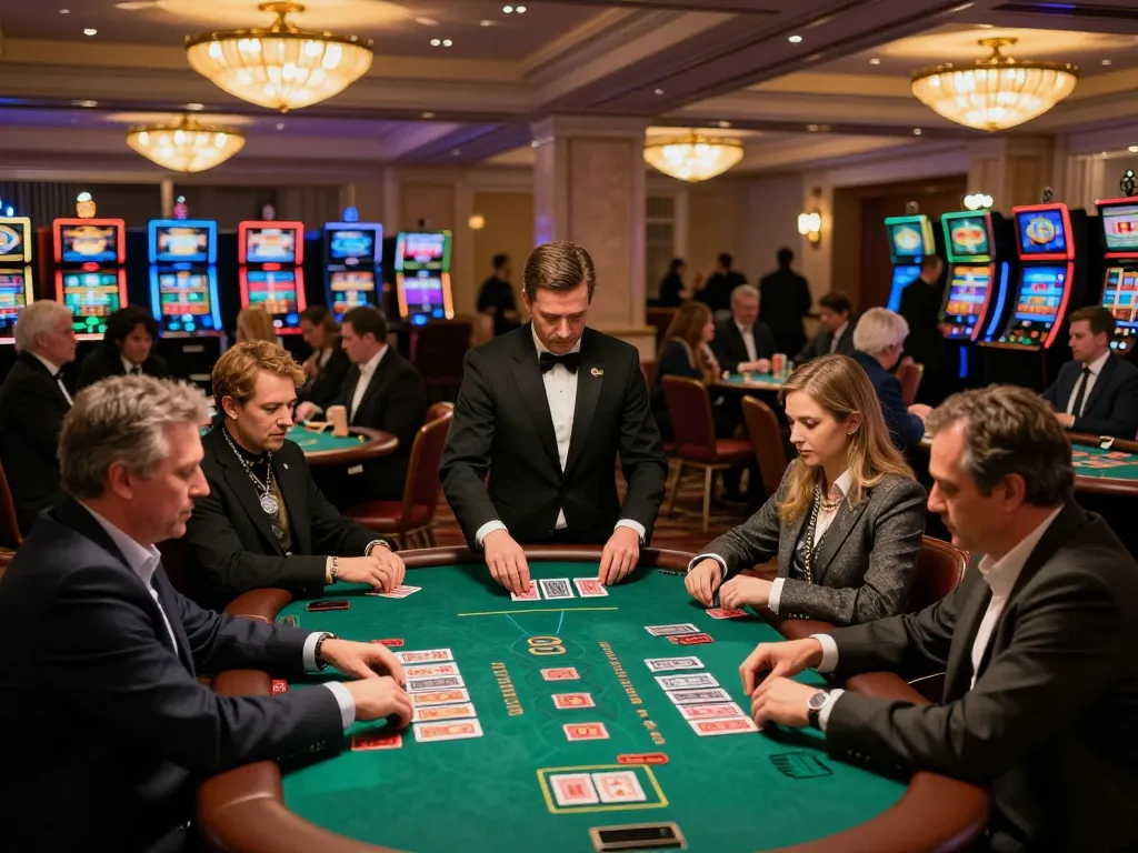 Players engaged in a thrilling blackjack game at ALO8 casino, with vibrant tables and attentive dealers.