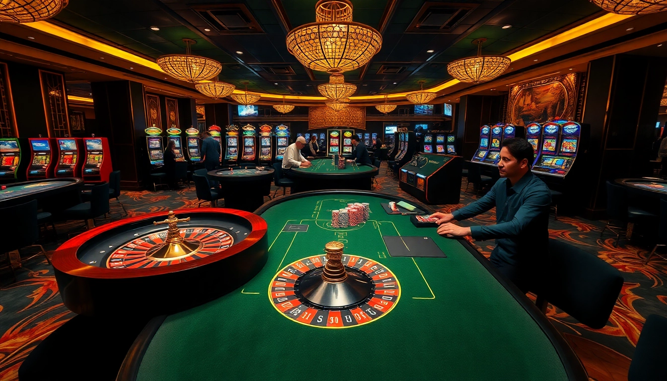 Players enjoying thrilling games at ww88 casino, featuring roulette and poker tables under elegant lighting.