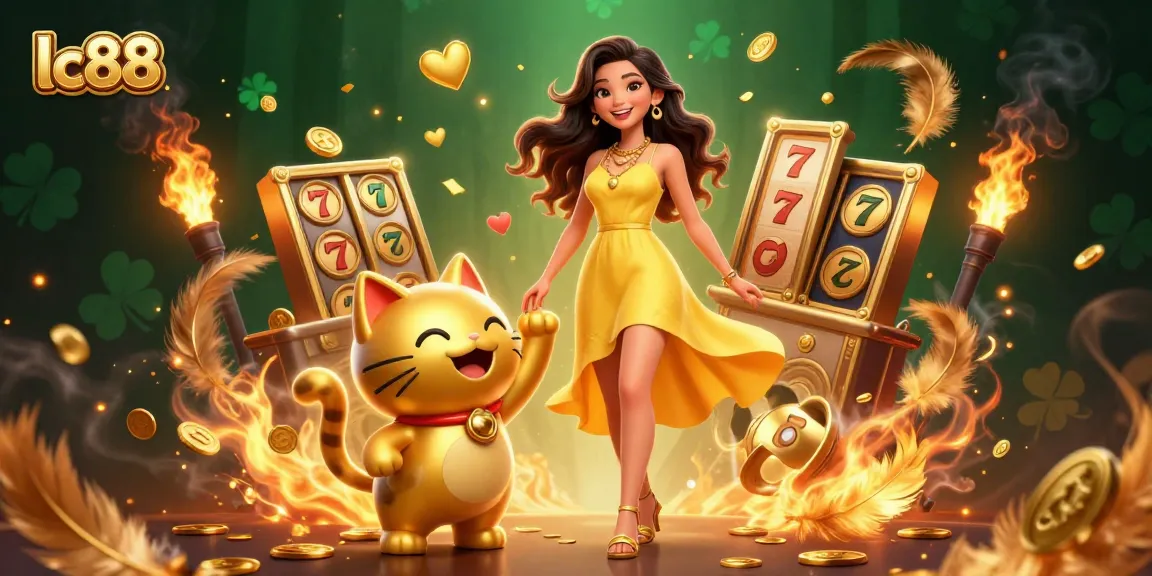 Experience fun games at lc88 with a cheerful Asian woman and a lucky cat, surrounded by casino elements.