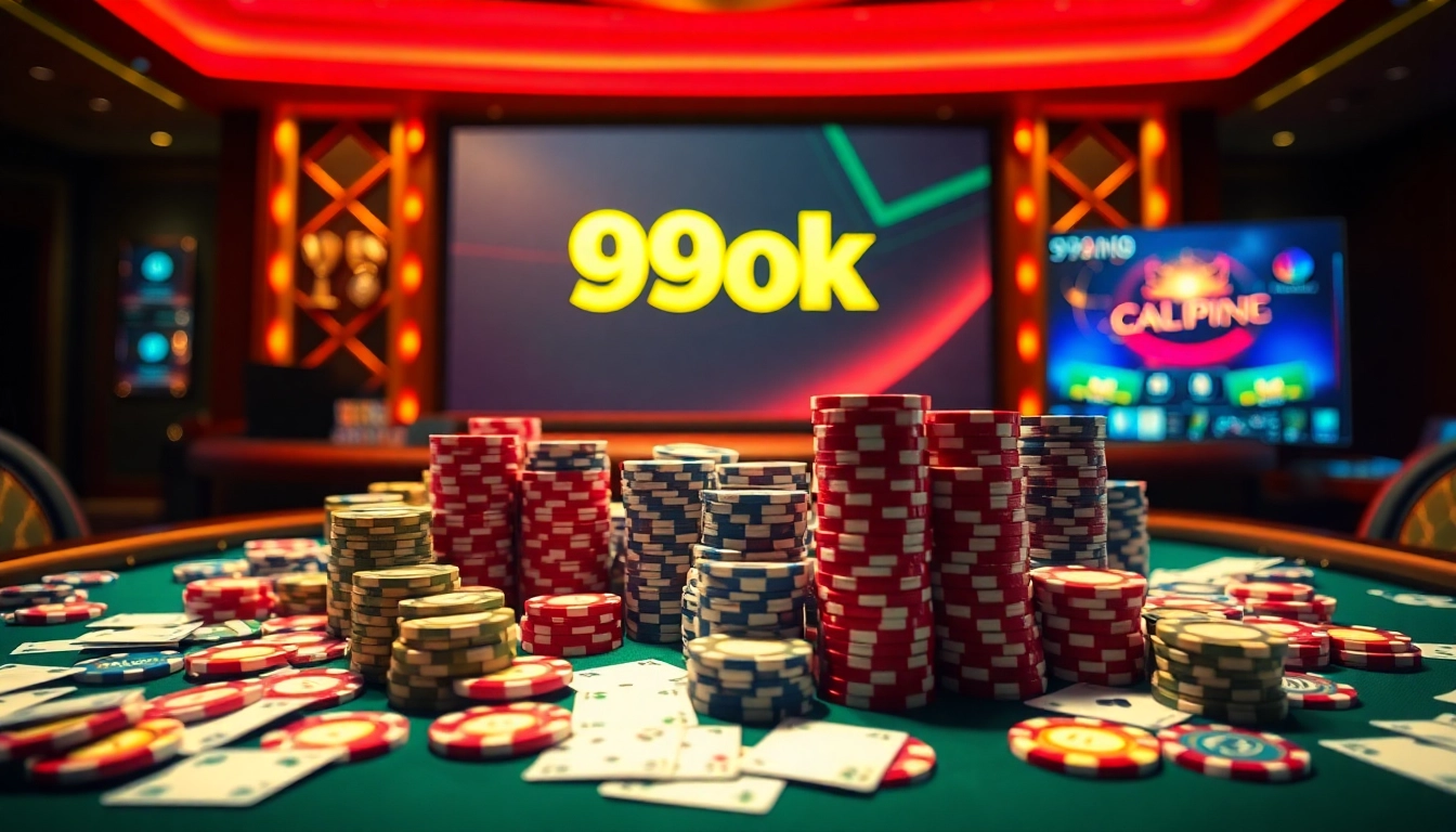 99ok online casino table with colorful poker chips and playing cards in an exciting gambling atmosphere.