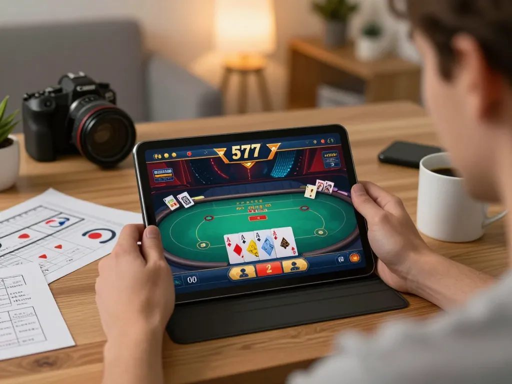 Engaging in online gaming on the 577F platform with poker interface displayed.