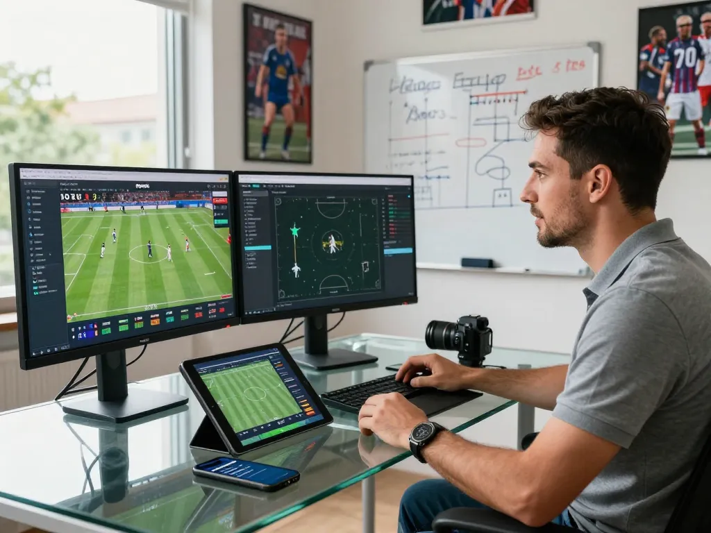 Nowgoal sports analyst engaged in live score analysis with real-time data on multiple screens in a bright modern workspace.