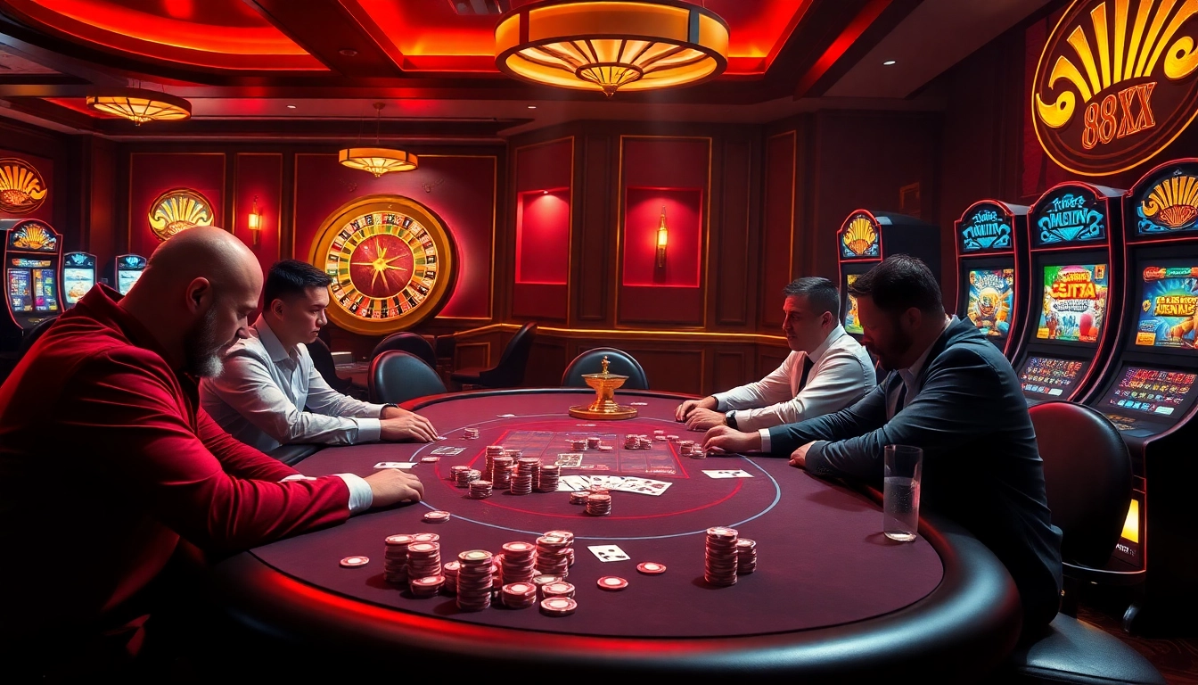 Experience high-stakes poker at 88XX's upscale casino, featuring vibrant tables and engaging gameplay.