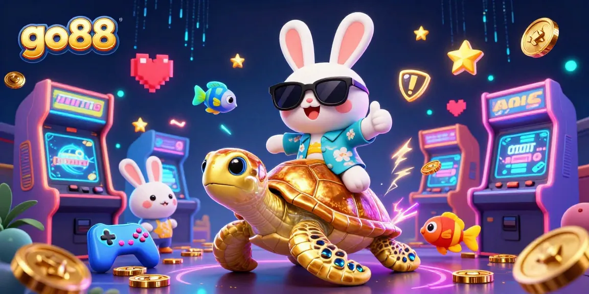 Experience the fun of go88 with a vibrant casino illustration featuring a lucky rabbit and golden turtle.