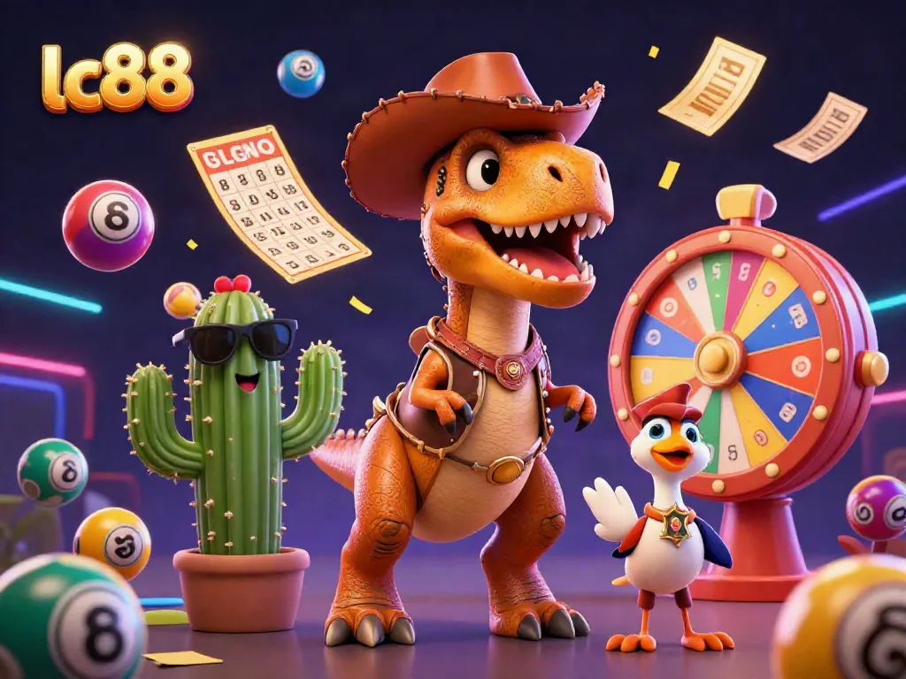 Engage with lc88 thrilling casino action featuring a T-Rex, cactus, and roadrunner amidst vibrant gambling elements.