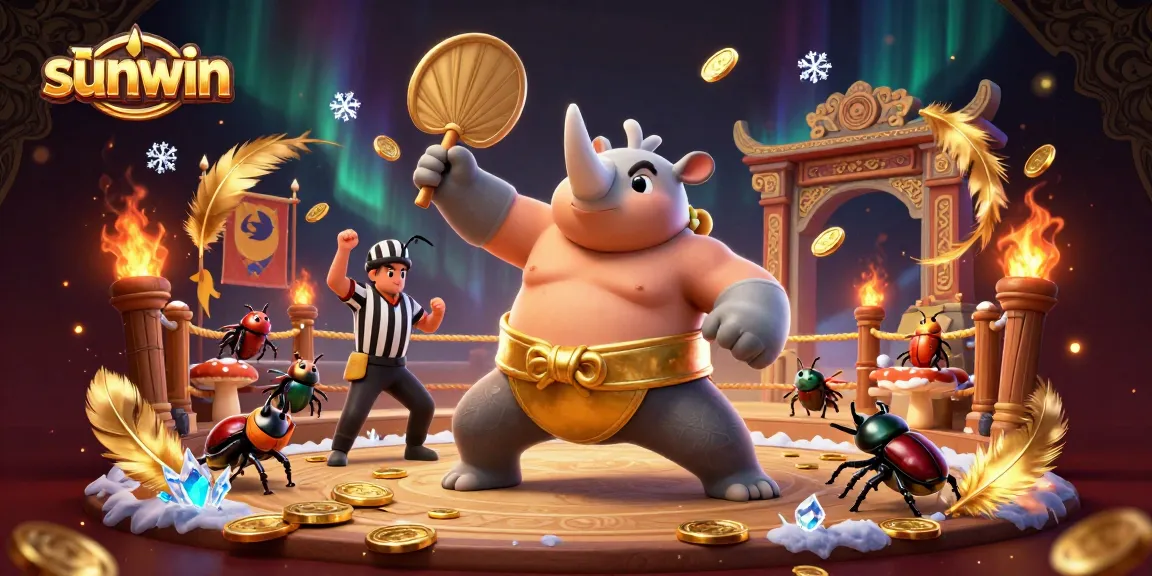 Experience the thrill of sunwin as the sumo beetle champion stomps coins in a dynamic casino arena.