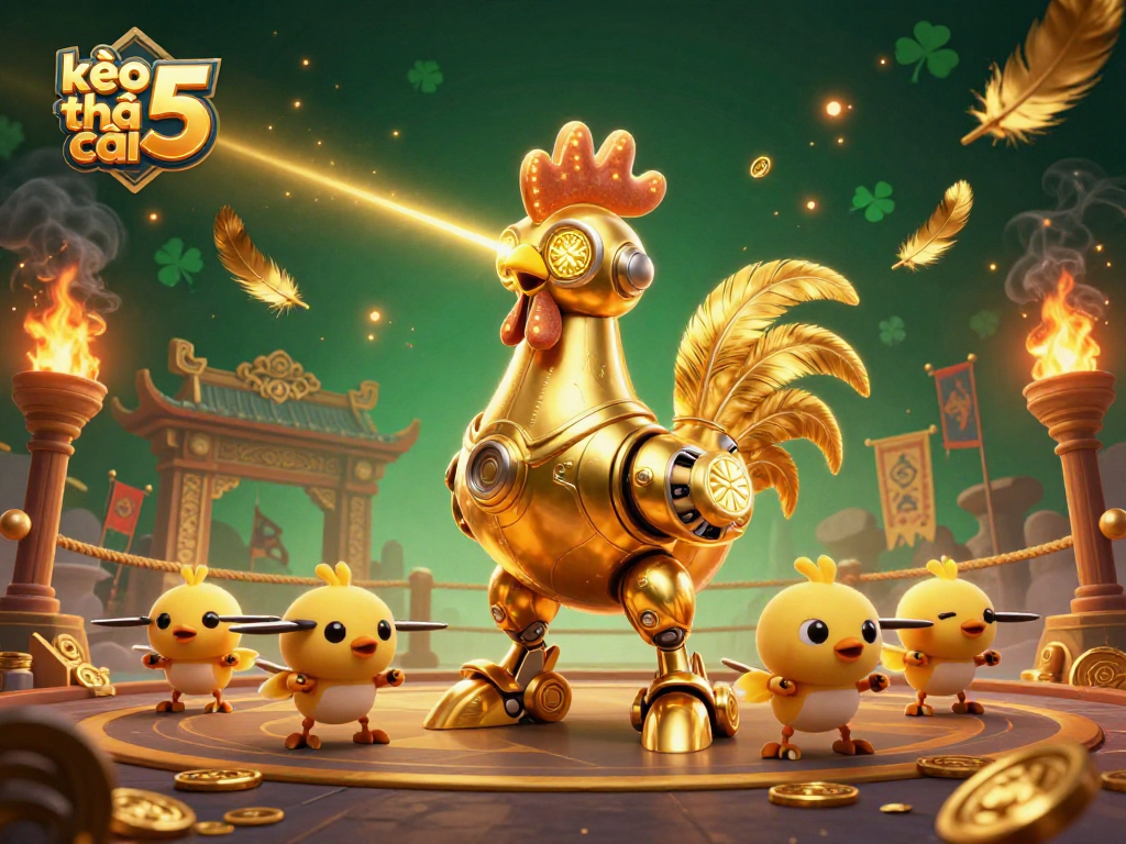 Kèo nhà cái 5 features a golden rooster robot engaging in thrilling betting action in a vibrant gambling arena.