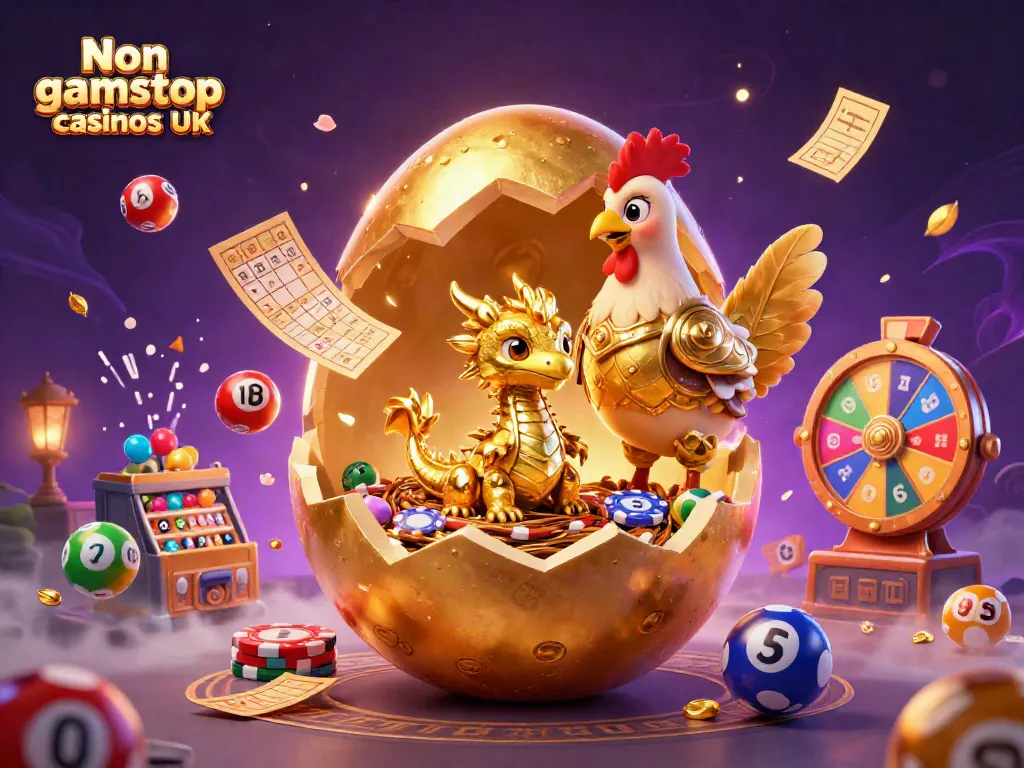 Engaging scene depicting the unique wonder of Non gamstop casinos UK with a golden dragon mascot amidst vibrant gambling elements.