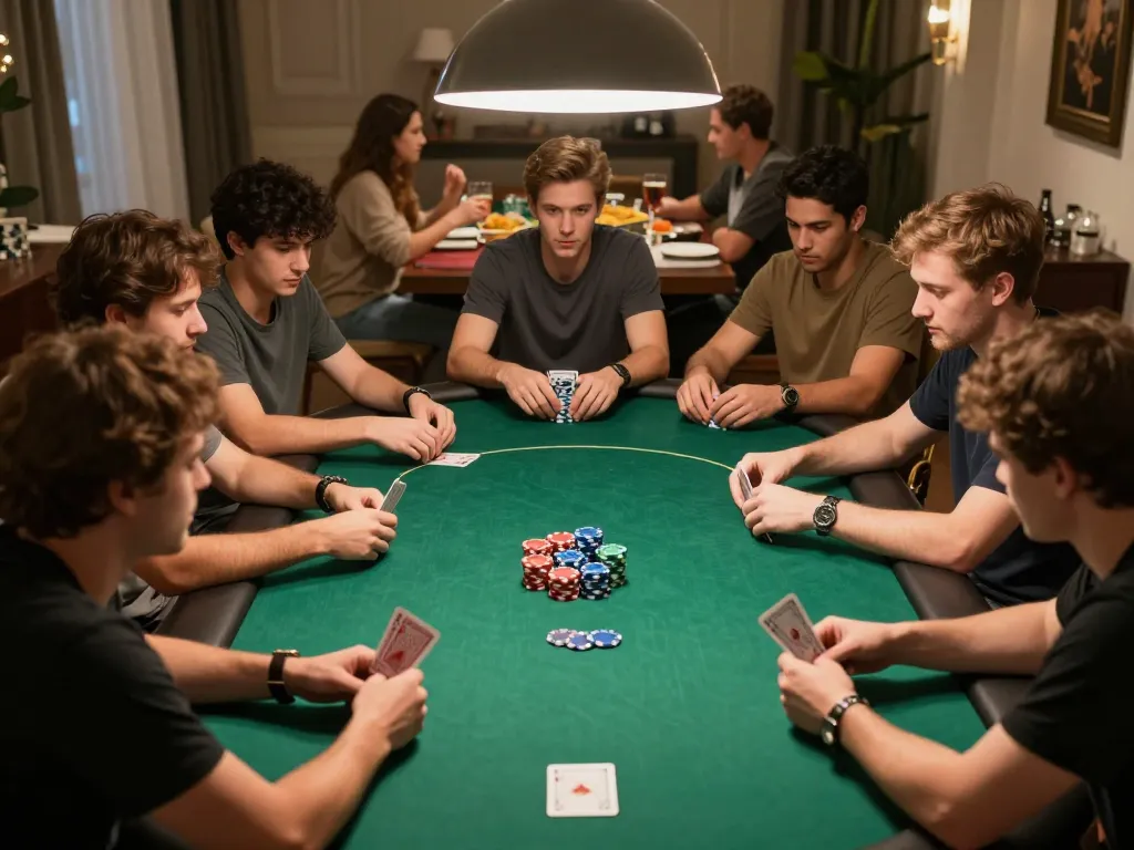 KONG88 poker night with players focused on cards and colorful chips in a cozy home atmosphere