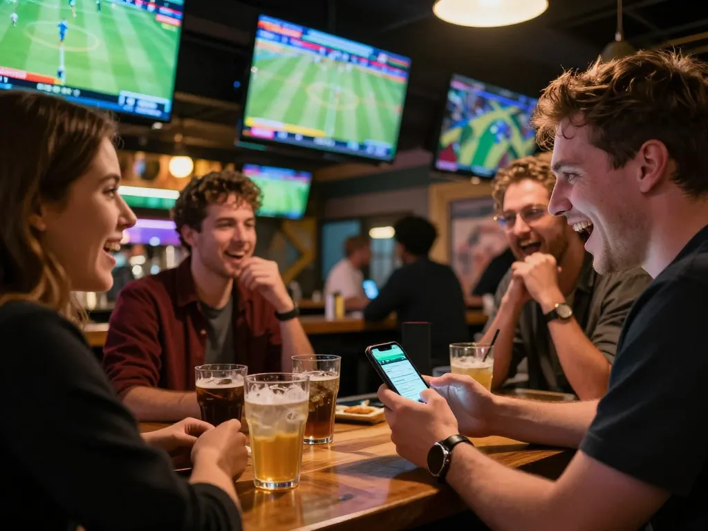 Excited sports bettors engaging with 123win com app amidst live match action in lively bar setting.