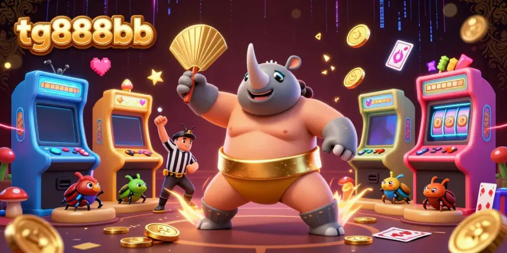 Engage in dynamic gameplay at tg888bb with a vibrant casino scene featuring a beetle champion and arcade elements.