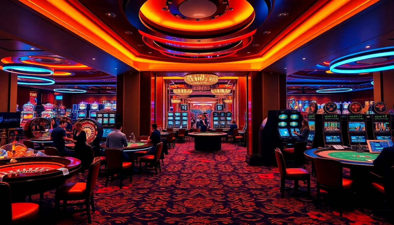 KJC casino vibrant gaming floor with players at roulette and poker tables, capturing excitement.