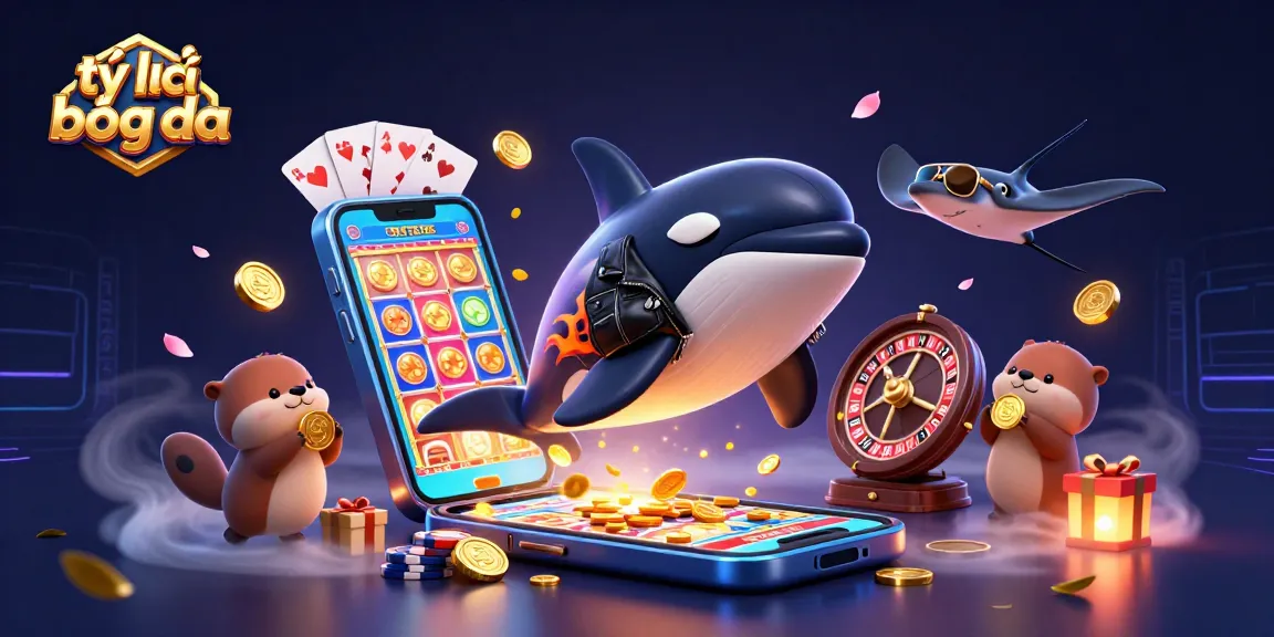 Tỷ lệ bóng đá scene featuring an orca in a leather jacket and otters with coins, depicting exciting gambling elements.