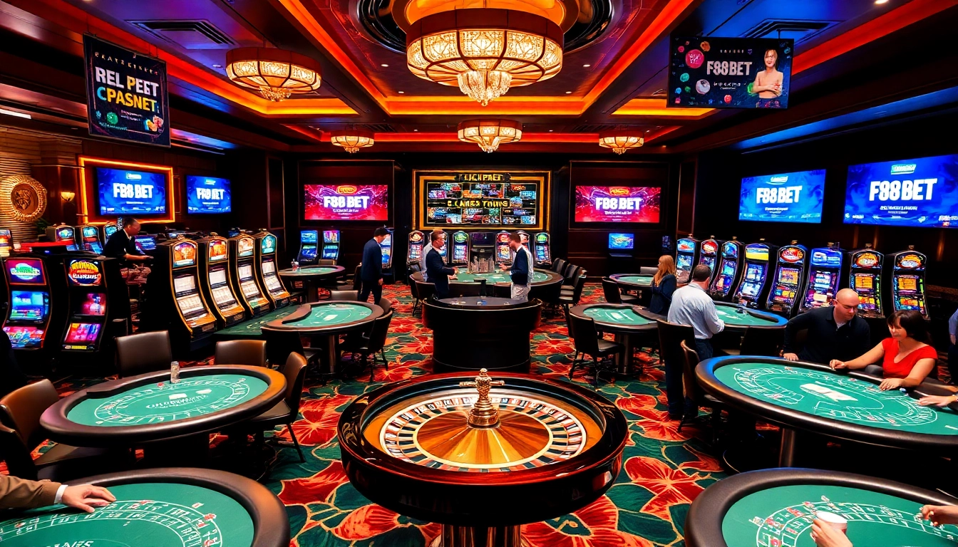 Betting at F88BET with vibrant casino tables and slot machines.