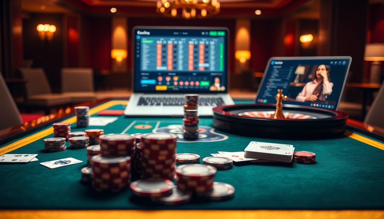 Engaging G28 online gambling scene with poker chips and a roulette wheel on a casino table.