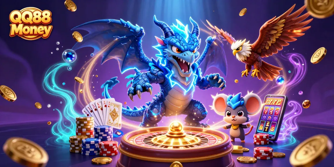 Engage with QQ88 Money through dynamic gaming visuals featuring dragons, hawks, and exciting casino elements.