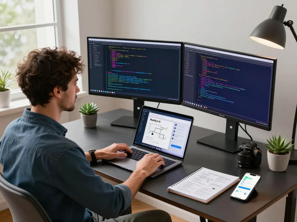 MoltBot AI integration in a tech workspace with developer working at dual monitors, emphasizing automation and productivity.