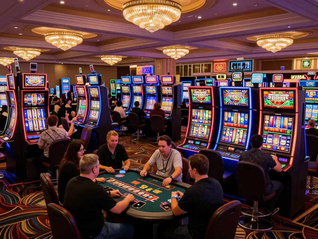 Engaging scene of Fabet patrons playing colorful slot machines in an upscale casino environment