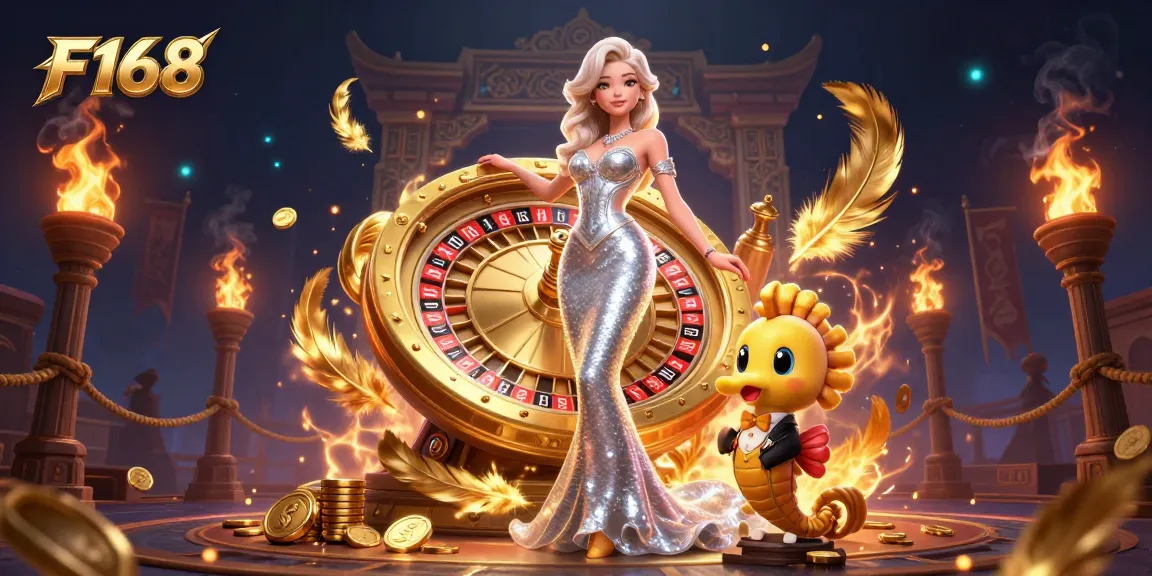 Experience thrilling F168 casino excitement with a glamorous mermaid near a golden roulette wheel.