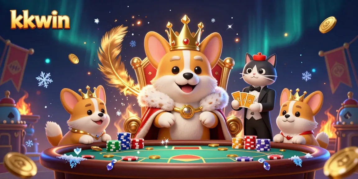 Engaging players at kkwin with a vibrant casino scene featuring a royal corgi amidst poker action.