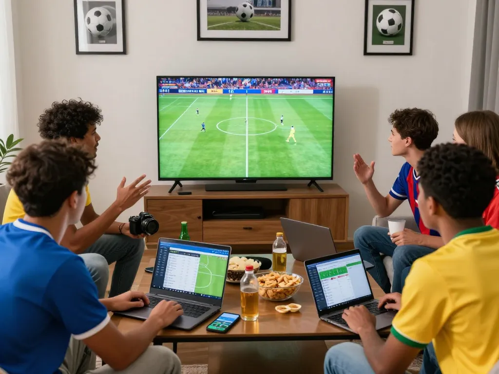 Cá độ bóng đá scene with friends watching football, laptops and sports apps on coffee table, cozy living room
