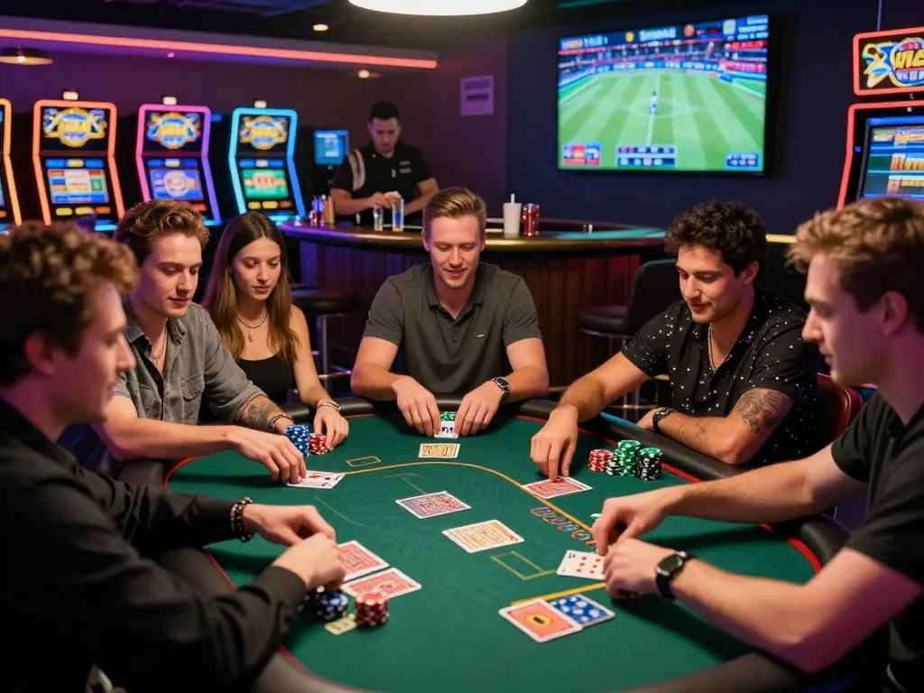 Friends enjoying a game night at Rikvip, immersed in poker and excitement.