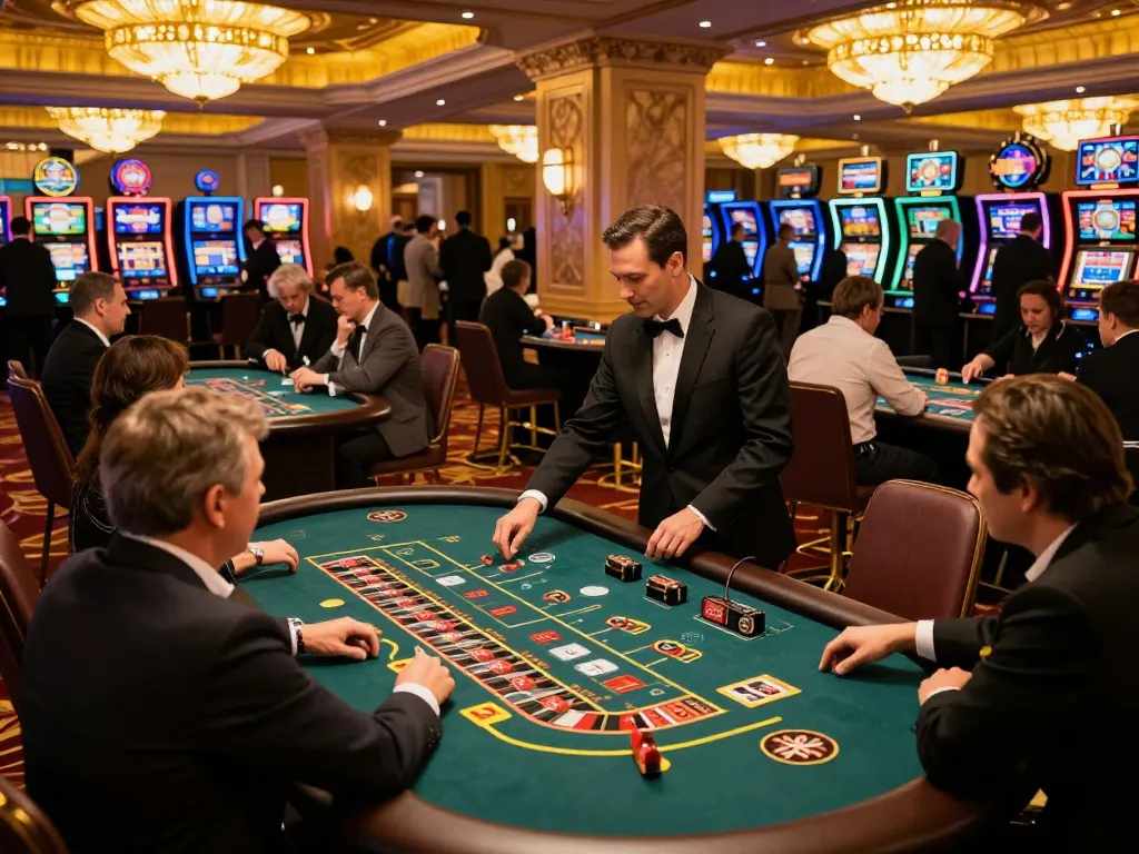 MAX88 gaming excitement in a bustling casino, showcasing players placing bets at roulette and blackjack tables
