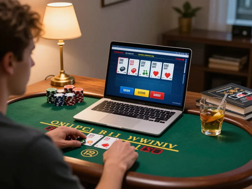 MM88 online player enjoying blackjack game on laptop with chips and strategy books around.