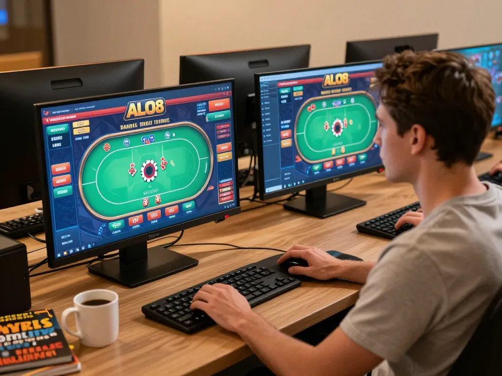 Player engaging in ALO8 online poker game at a cozy home setup with strategy notes.