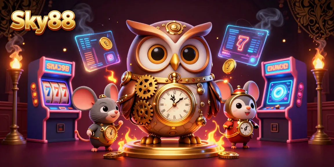 Spin the reels at Sky88, featuring a steampunk owl exploring a vibrant, 3D casino world.