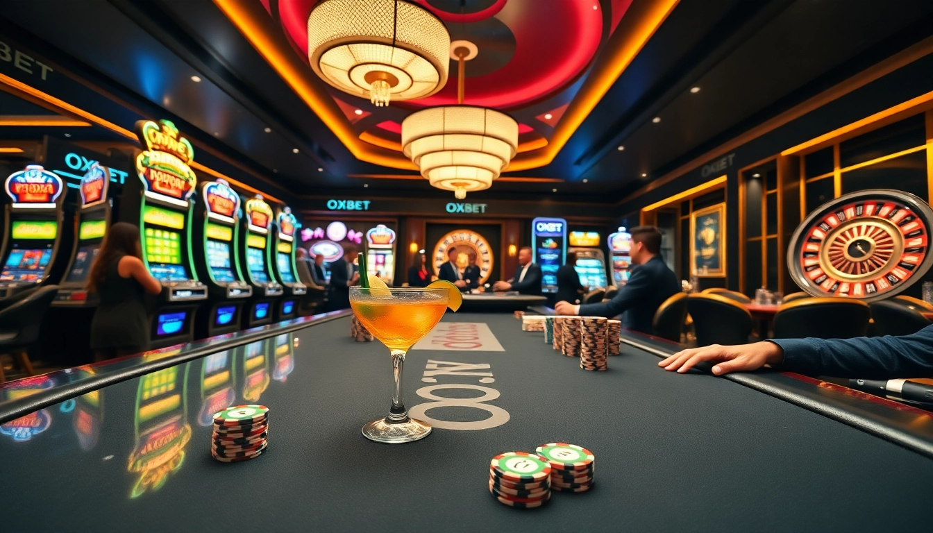 OXBET casino scene showcasing engaging gameplay with vibrant slot machines and strategic poker.