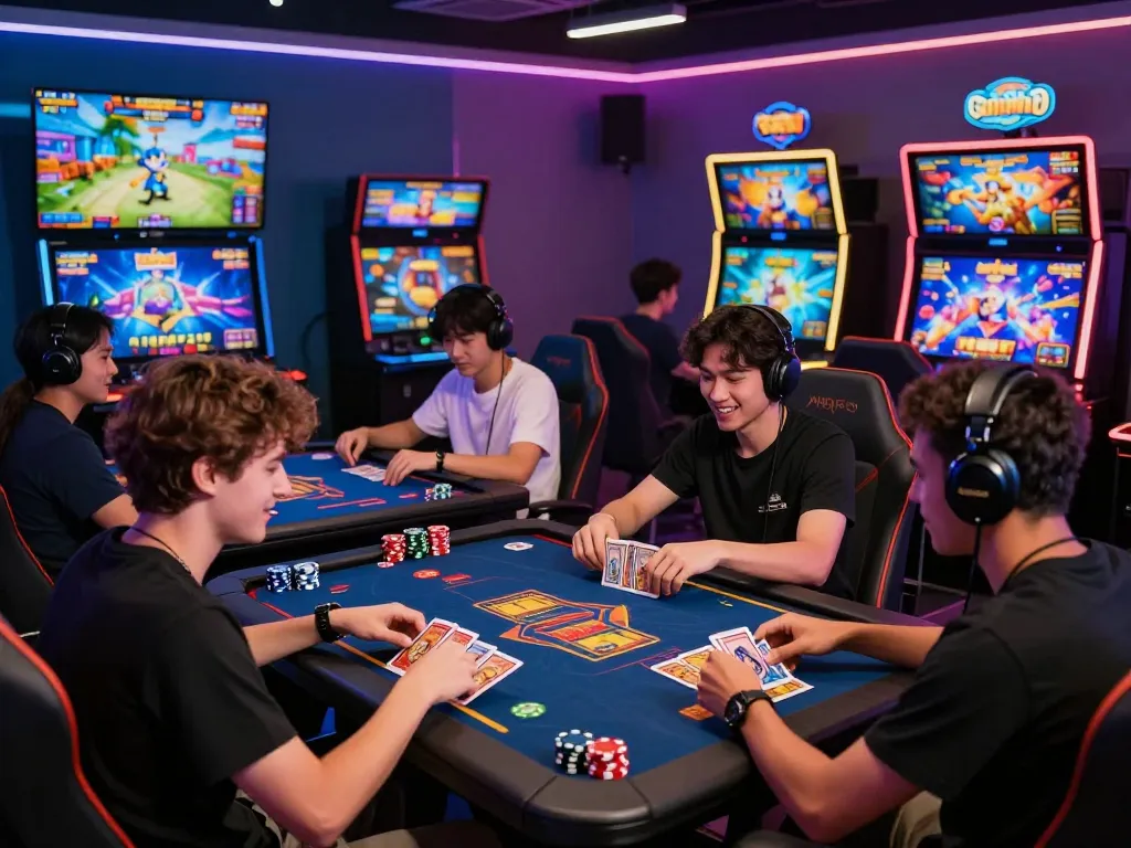 Exciting Sunwin online gaming platform scene with diverse players experiencing card games and vibrant slots.