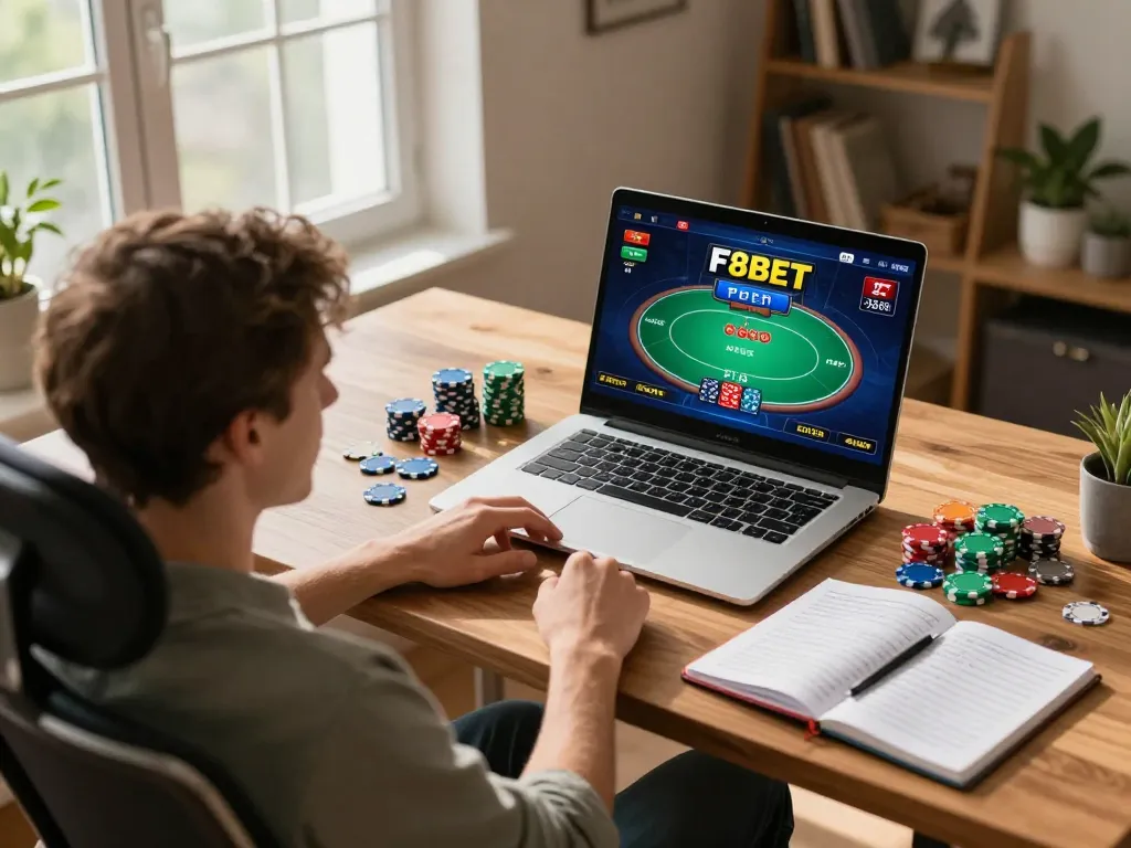 Engaging in F8BET online poker at home, combining strategy with comfort and responsible gaming.