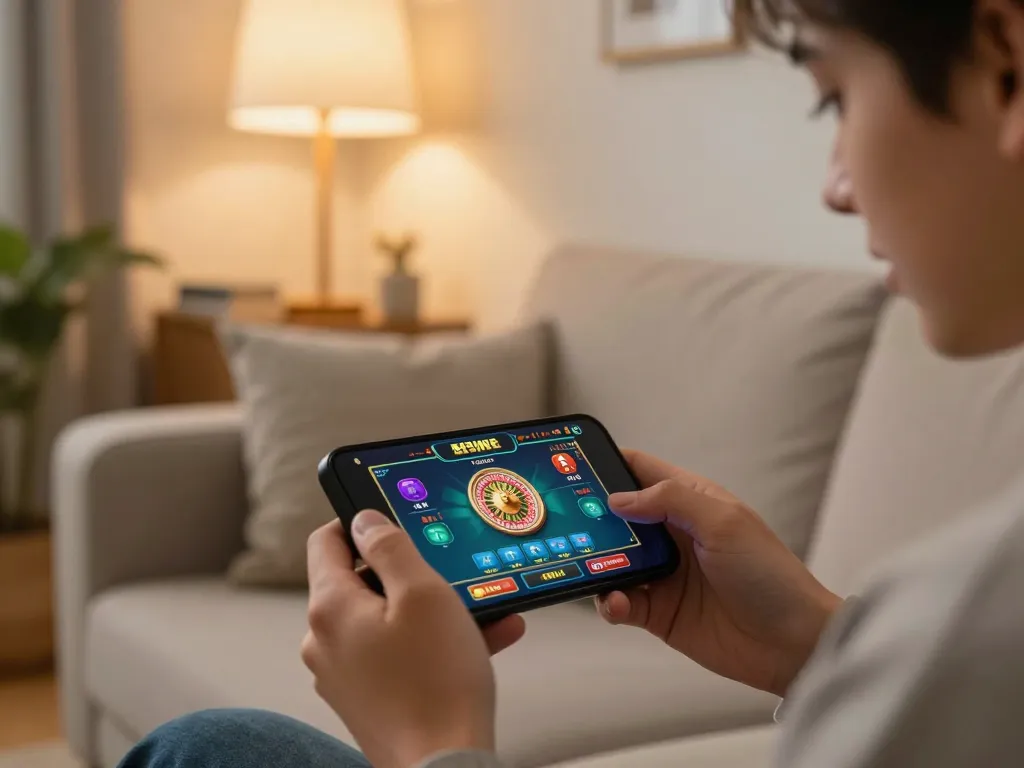 Engaging user enjoying online gaming with GEM88 app on smartphone in cozy home setting