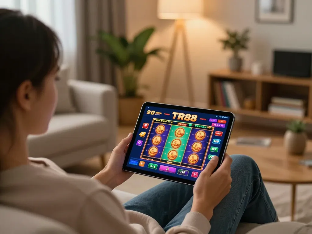 Player enjoying TR88SEO online casino games on a tablet, showcasing interactive features and home atmosphere.