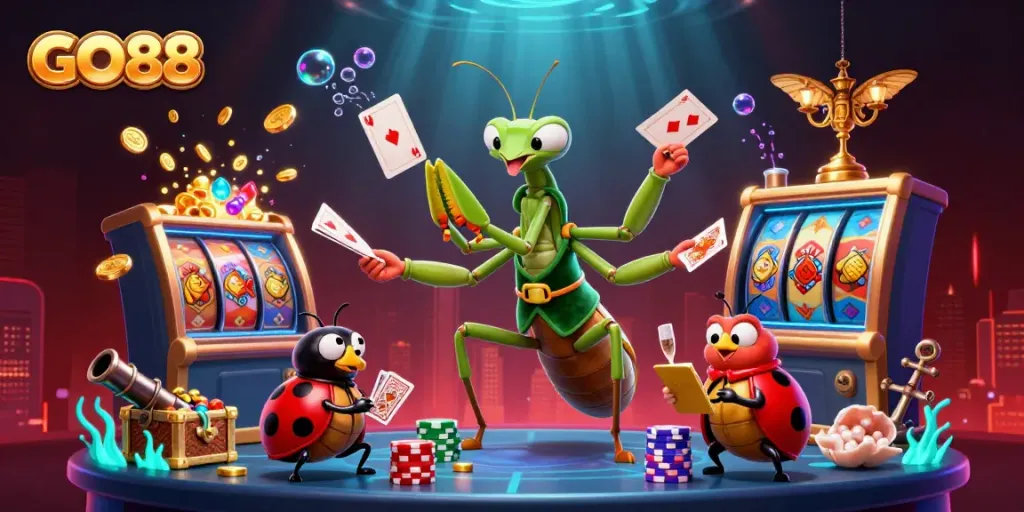 Experience the excitement of GO88 with a casino-themed 3D illustration featuring games and characters in action.