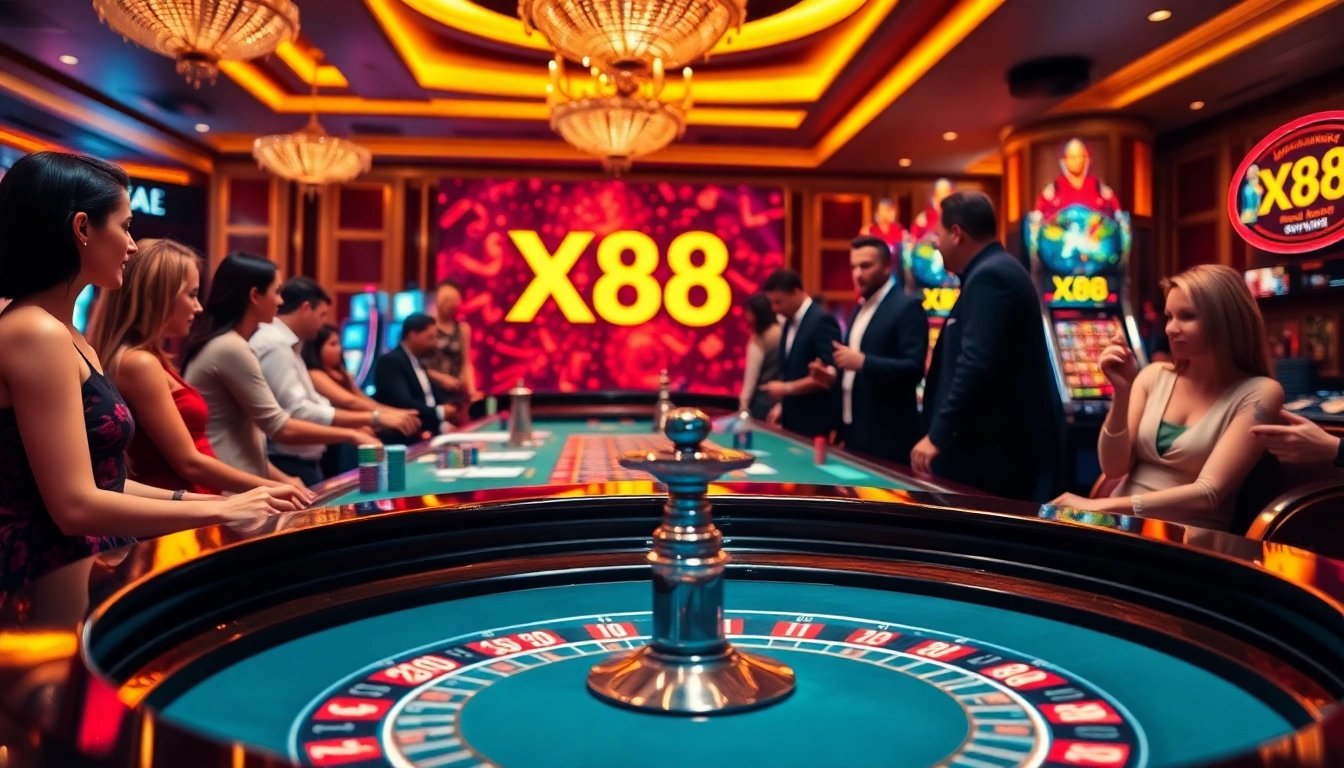 Engaging casino players at an X88-themed roulette table, immersed in a thrilling gambling experience.