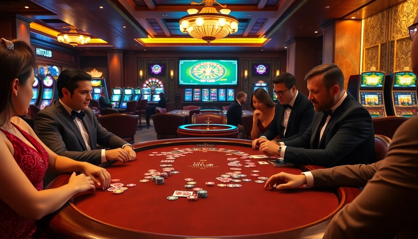 Players enjoying high-stakes poker at HITCLUB, surrounded by vibrant casino atmosphere and excitement.